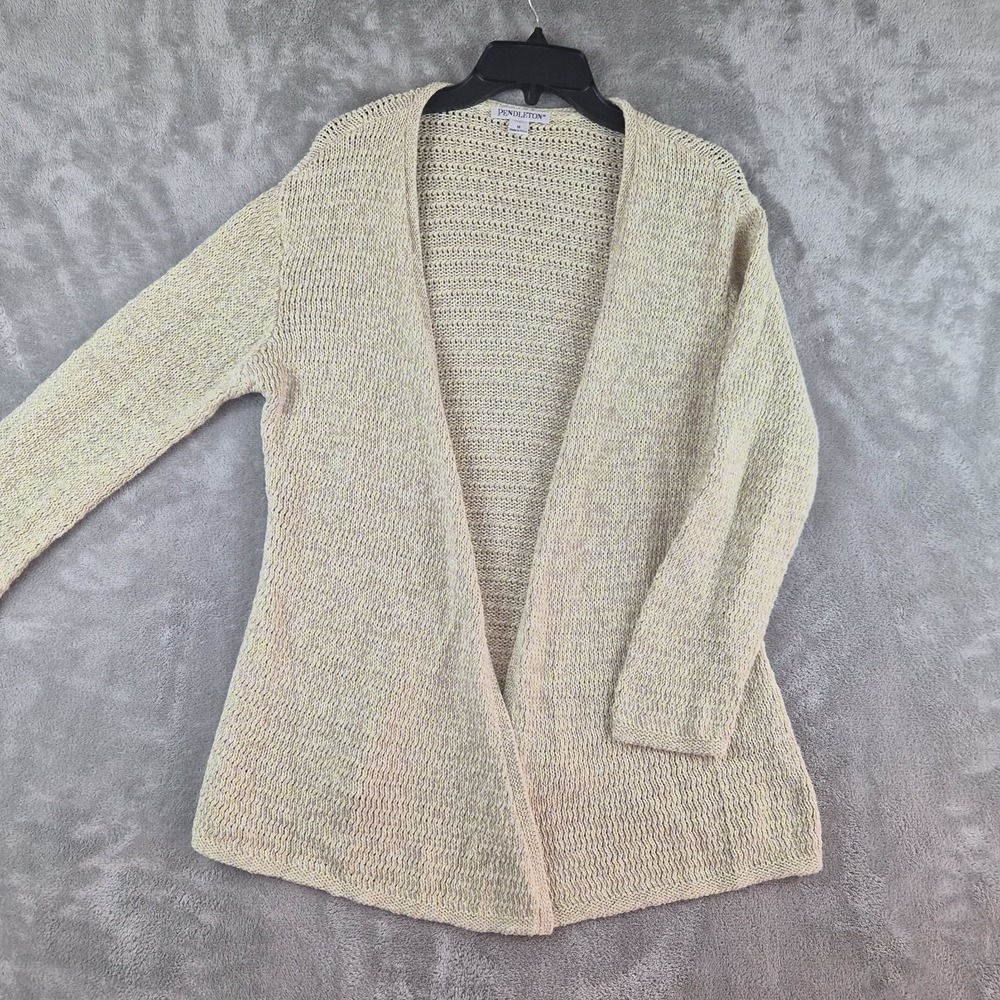 Pendleton Sweater Cardigan Womens Medium Cream Cotton Open Front Textured Knit